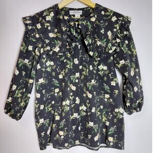 Christina Rohde Floral Ruffle Blouse Black Knit 3/4 Sleeve Women Size 16